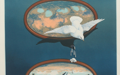 OLE AHLBERG. Composition with doves, lithograph, signed, dated and numbered.