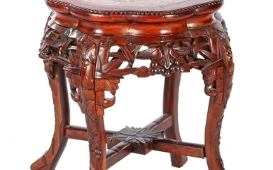 (-), Oriental richly decorated rosewood hokker with marble...