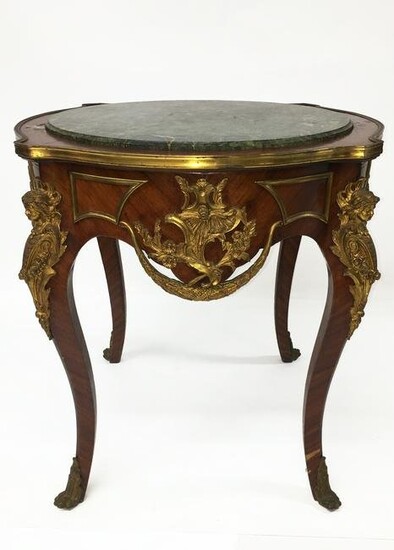 Ornate French-Style Green Marble-Top Table.