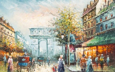 P. Hunter Oil on Canvas, Ca. Late 20th C., Parisian Street Scene, H 12" W 16"