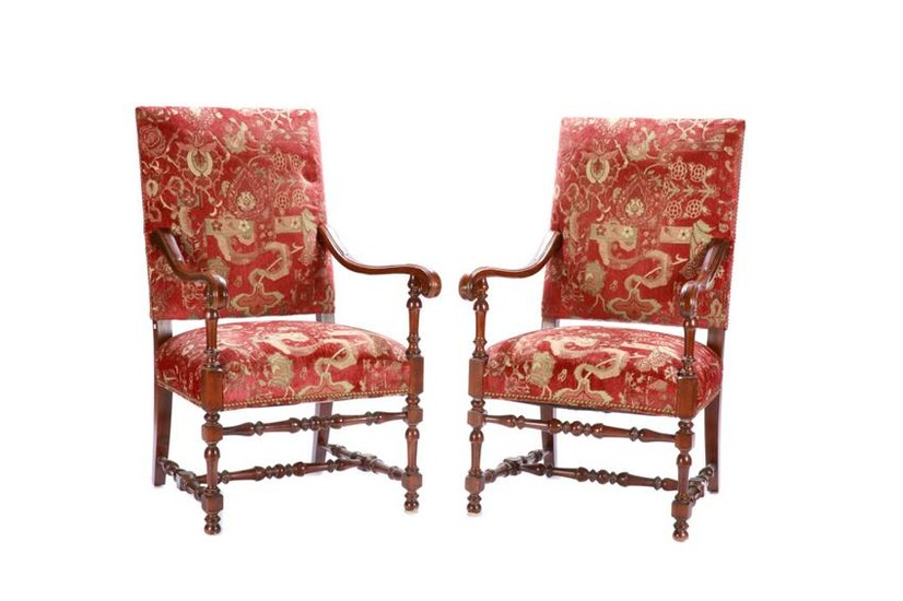 PAIR OF FRENCH LOUIS XIV STYLE OPEN ARMCHAIRS