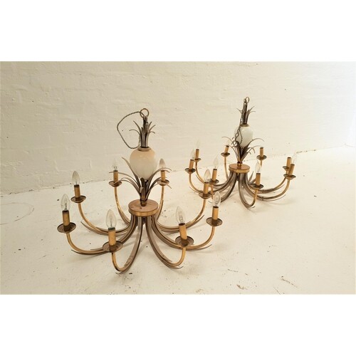 PAIR OF GILT BRASS AND METAL PINEAPPLE STYLE CHANDELIERS the...