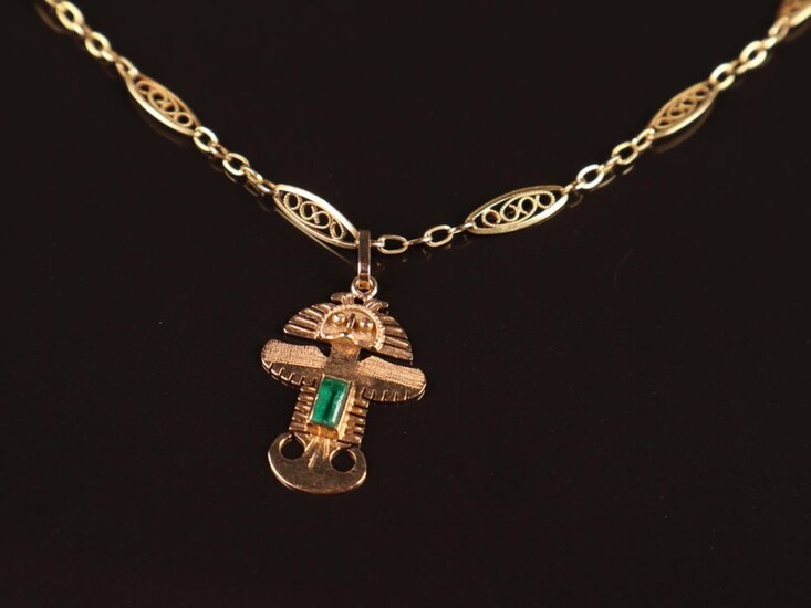 PENDANT Inca design set with an emerald and CHAIN, in...