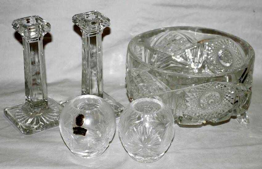 PRESSED GLASS CANDLESTICKS, BOWL & ROSE BOWLS