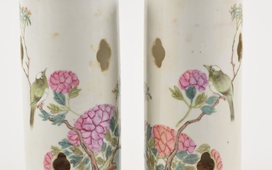 Pair 19th century Chinese porcelain famille rose decorated hat stands. Floral branch decoration.
