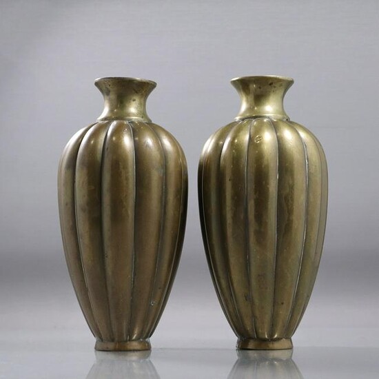 Pair Antique Asian Bronze Vases with Ribbed Body