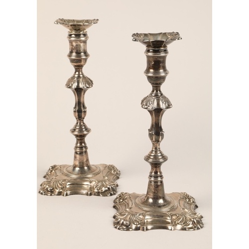 Pair George II silver candlesticks, knopped baluster formed ...