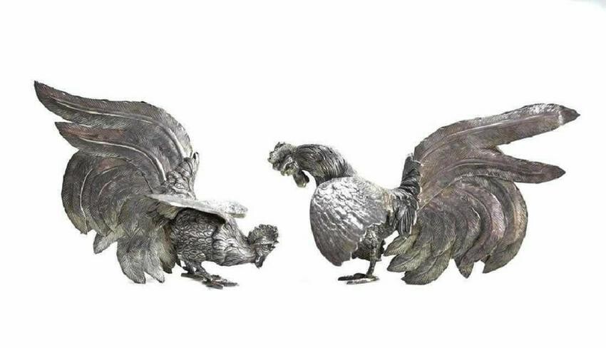 Pair Peruvian Sterling Silver Fighting Cocks Figurines