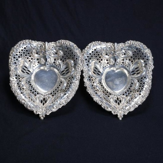 2 Lg Sterling Silver Gorham Heart Reticulated Nut Bowls