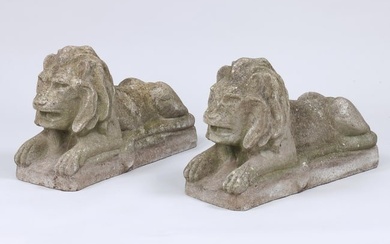 Pair of Cast Stone Recumbent Lions