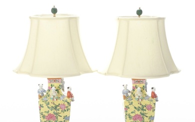 Pair of Chinese Famille Jaune Porcelain Table Lamps With Climbing Children