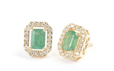 Pair of Emerald, Diamond, 14k Yellow Gold Stud Earrings