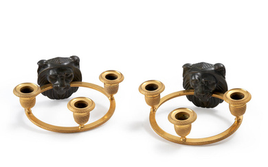 Pair of Empire Patinated Bronze Three Light Wall Sconces, France,...