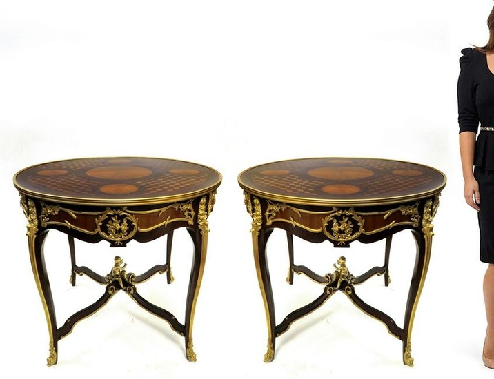 Pair of Figural Bronze Mounted Inlaid Wood Round Tables