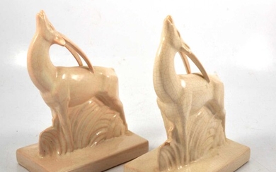 Pair of French Art Deco crackle-glazed stoneware models of ibex.