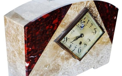 Pair of Italian Marble Art Deco Mantel Clock Set with Matching Garniture