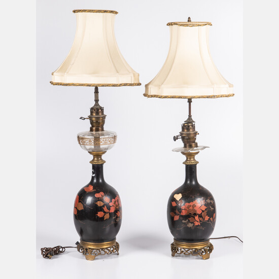 Pair of Japanese Lacquered Electrified Oil Lamps