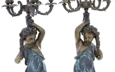 Pair of Patinated Bronze Figural Candelabra