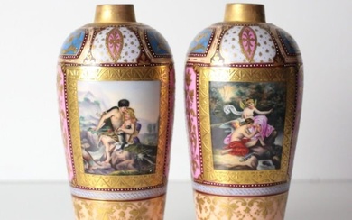 Pair of Royal Vienna Vases, with hand painted mythological courting scenes c1900