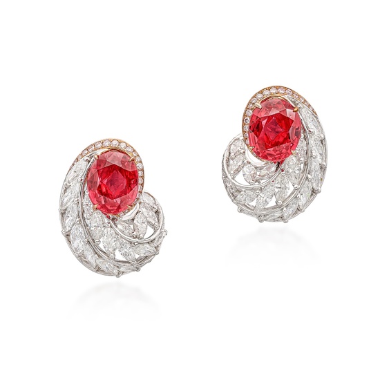 Pair of Ruby and Diamond Earrings | 2.93 及 2.76克拉 天然「緬甸」未經加熱紅寶石 配 鑽石 耳環一對