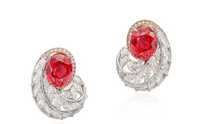 Pair of Ruby and Diamond Earrings | 2.93 及 2.76克拉 天然「緬甸」未經加熱紅寶石 配 鑽石 耳環一對