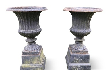Pair of Two-Piece Cast Iron Garden Urns
