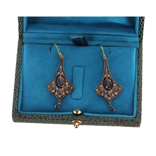 Pair of sapphire and diamond set flared drop earrings in the...