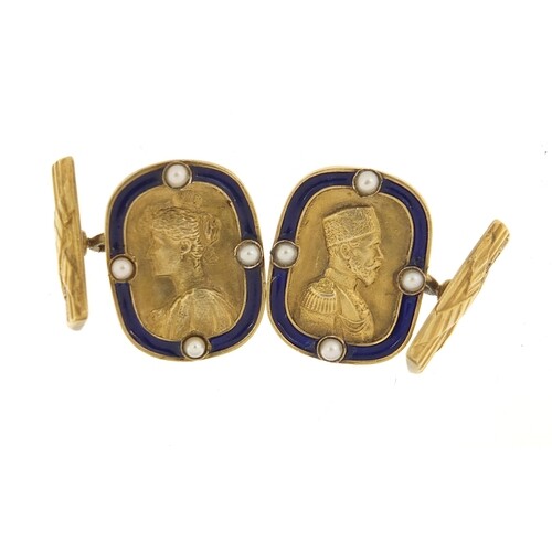 Pair of silver gilt and enamel portrait cufflinks set with s...
