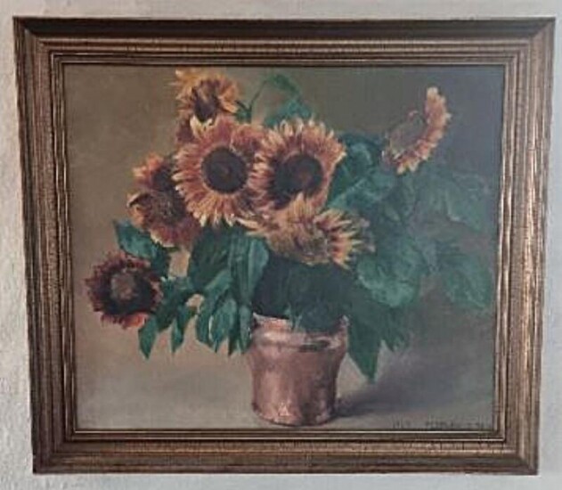 NOT SOLD. Peder Knudsen: Still life with sunflowers. Signed Peder Knudsen. Oil on canvas. 76 x 87 cm. Framed. – Bruun Rasmussen Auctioneers of Fine Art