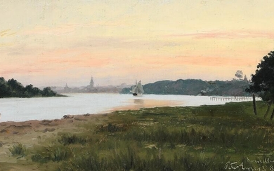 SOLD. Peter Eggers: Danish landscape with view over Svendborg Sund. Signed and dated. Oil on canvas. 26.5 x 44.5 cm. – Bruun Rasmussen Auctioneers of Fine Art