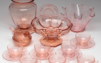 Pink Depression Glass Including Hobnail and Pheasant Lidded Dish, Early 20th C.
