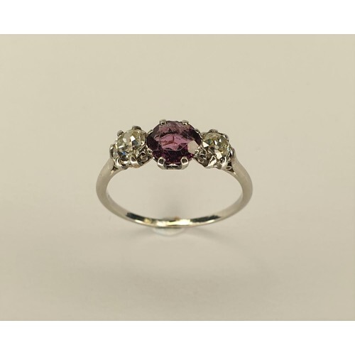Platinum Antique Diamond and Ruby 3 Stone Ring, Size: O