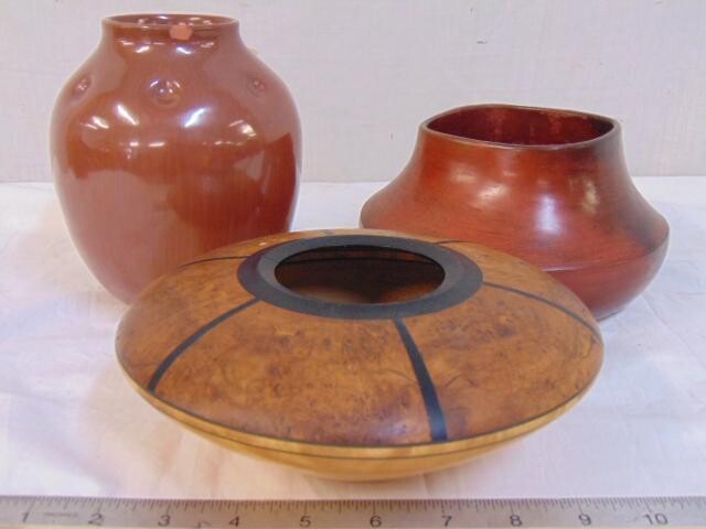 Pottery, wood bowl, Navajo pottery vase signed Susie