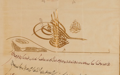 QUATRE FIRMANS OTTOMANS Turquie, XIXe siècle Manuscrits turcs sur papier, chacun coiffé d’une grande tughra,...