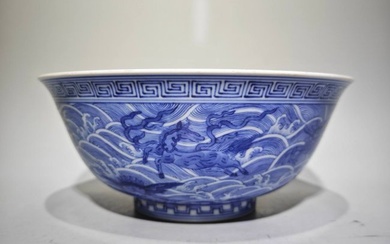 Qing Dynasty Qianlong period, blue and white sea monster dragon pattern bowl