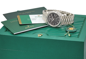 ROLEX. A FINE AND RARE 18K WHITE GOLD AUTOMATIC WRISTWATCH WITH SWEEP CENTRE SECONDS, DAY, DATE, BRACELET, ORIGINAL GUARANTEE AND BOX, SIGNED ROLEX, OYSTER PERPETUAL, DAY-DATE, DAY-DATE 40 MODEL, REF. 228239, CASE NO.592R6162, CIRCA 2018