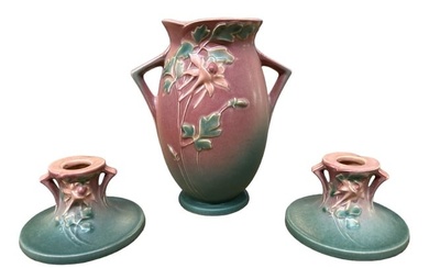 ROSEVILLE POTTERY "Columbine" Flower Vase & Candle Holder Set