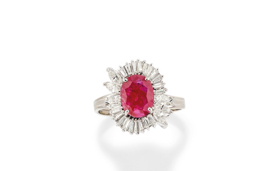 RUBY AND DIAMOND RING in 18K white gold set...