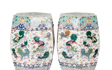 Rare True Pair of Chinese Famille Rose Porcelain Garden Seats
