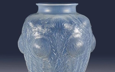 René Lalique (French, 1860 ~ 1945) 'Domremy' Opalescent Art Deco glass vase with raised thistles around the circumference, signed R Lalique France No. 979. Circa 1930. Height 22 cm.