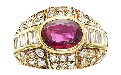 Ruby, Diamond, Gold Ring Stones: Oval-shaped ruby weighing approximately...