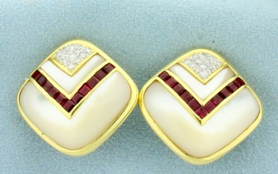 Ruby, Mother of Pearl and Diamond Clip On Earrings for Non Pierced Ears in 14K Yellow Gold
