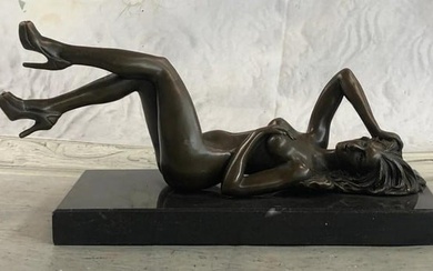 SIGNED ORIGINAL NUDE WOMAN LAYING ON BACK BRONZE SCULPTURE - 5" X 10"