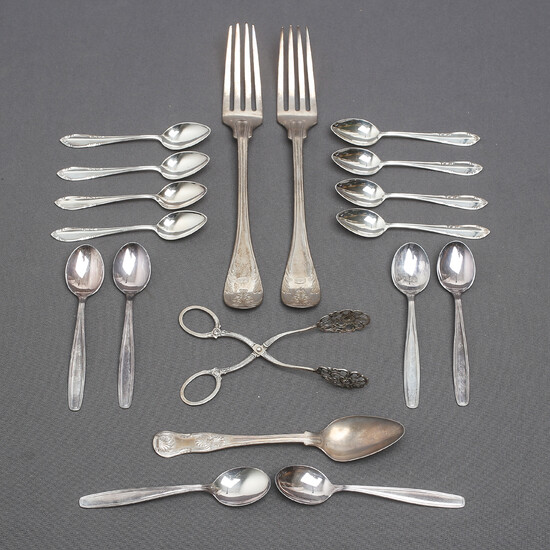 SILVER, spoons, forks and sugar tongs, 1800s / 1900s.