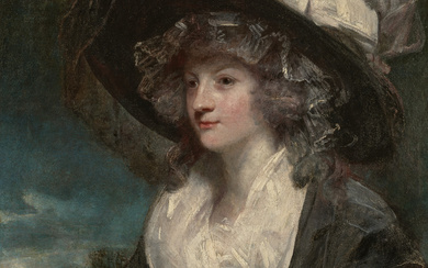 SIR JOSHUA REYNOLDS, P.R.A. (PLYMPTON 1723-1792 LONDON) Portrait of Amelia Hume, later Lady Farnborough (1772-1837), half-length, in a white and black dress with a wide-brimmed hat