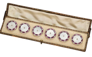 SIX DIAMOND, RUBY AND MOTHER-OF-PEARL DRESS BUTTONS, 1920s