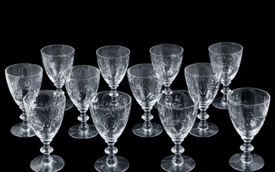 Set of Twelve Etched Floral Glass Water Goblets, Mid-20th Century
