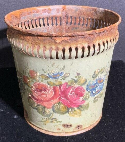 Signed Vintage Hand Painted Floral Tole Cachepot