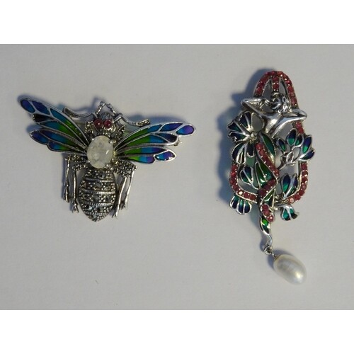 Silver, marcasite and plique a jour enamel dragonfly brooch,...