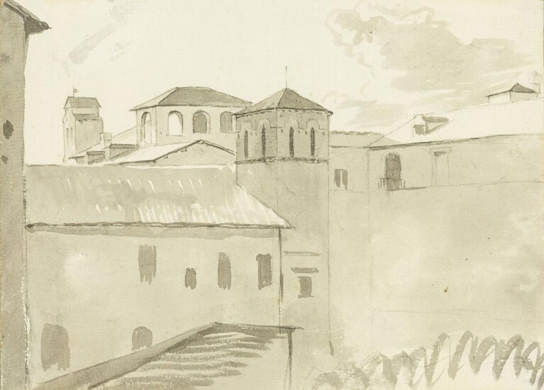 Simon-Joseph-Alexandre-ClÃƒÂ©ment Denis, Flemish 1755-1812- View of the roofs of an Italian town; black chalk and grey wash on paper, signed with initial 'D' (on the reverse), 14.6 x 20.3 cm. Provenance: Anon. sale, Sotheby's, Monaco, 19 June 1992...
